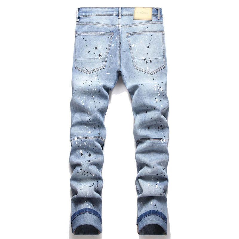 Punk Style Trend Fashion Blue Ripped Jeans Stick Cloth Paint Slim Pencil Pants Hip Hop Clothing