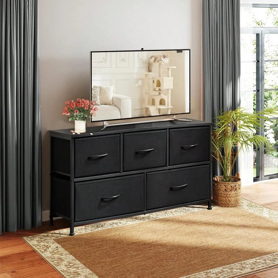 Sweetcrispy 5 Dresser Chest Bedroom, Metal Frame And Wood Top For TV Stand Up To 40 Inch With Fabric Storage Drawer Units For L