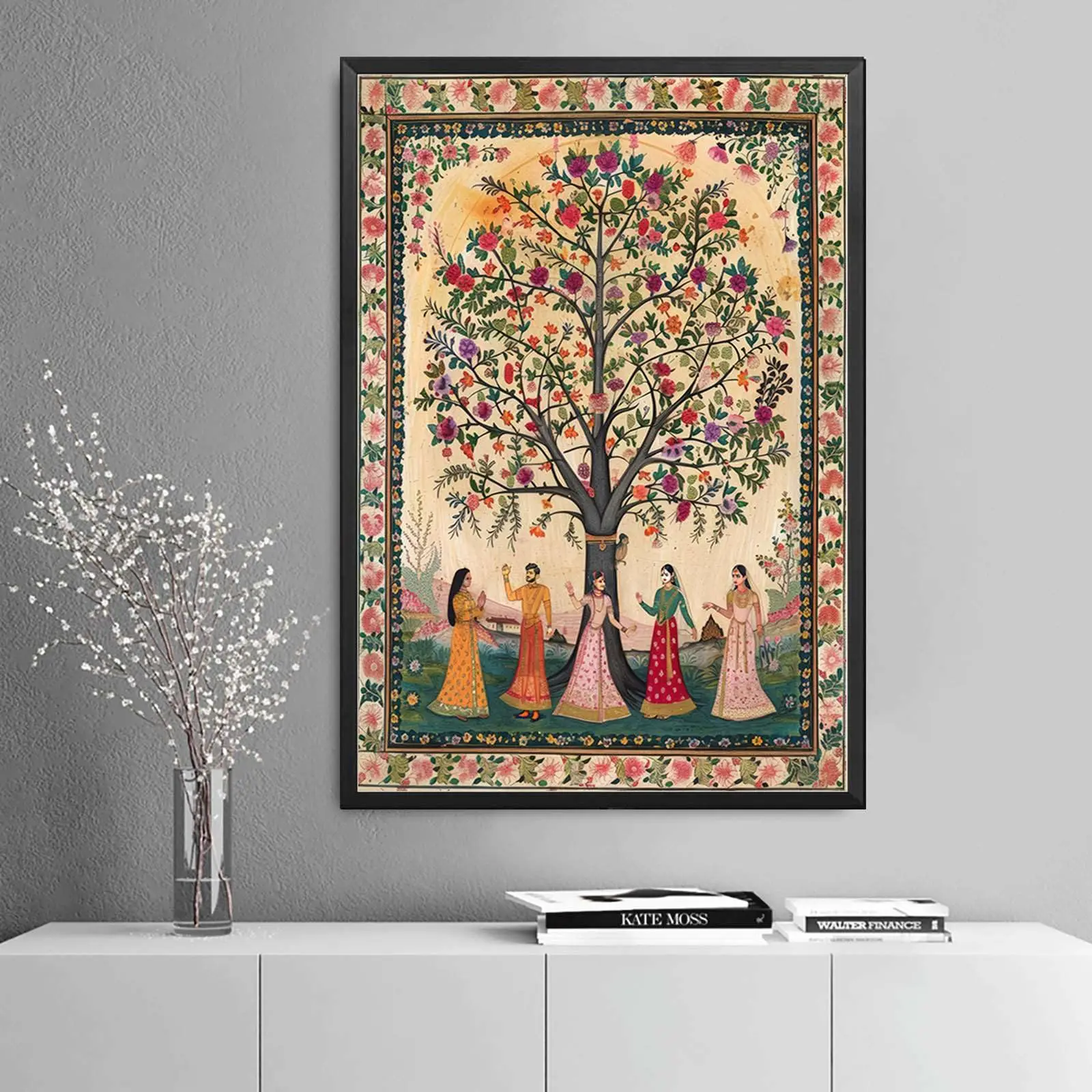 Charming Indian-Inspired Canvas Art - Women & Tree Design, Frameless Wall Decor for Living Room, Bedroom, Office - Cultural Heri