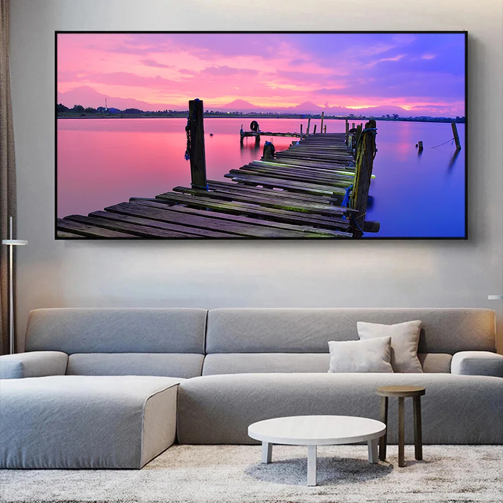 Sunset Sea Wooden Pier Bridge Landscape Canvas Painting Wall Art Print Decorative Pictures for Living Room