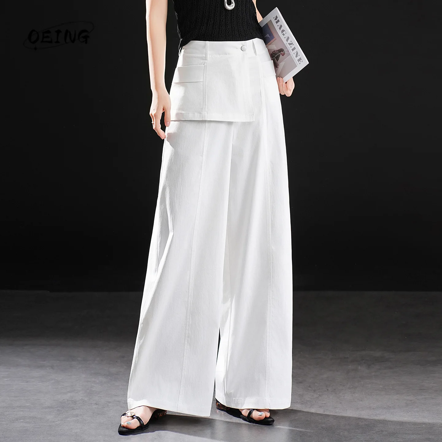 

Женские модные брюки с высокой талией и широкими штанинами, летние, в уличном стиле, трендовые, свободные, белые, темно-синие, повседневные, полной длины, для девушек, 39818