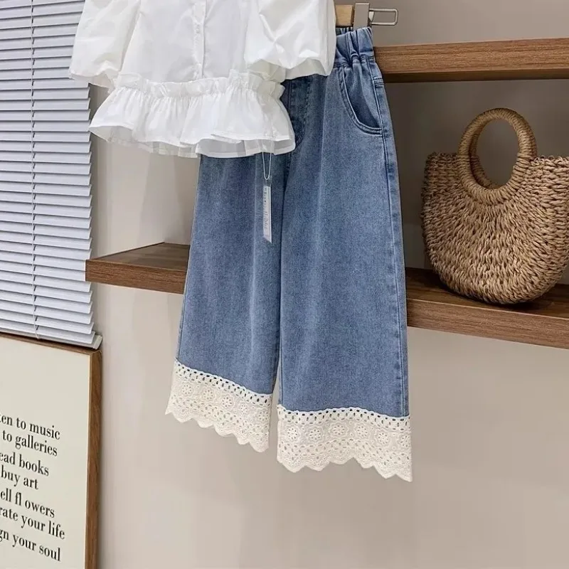 Set di abbigliamento per ragazze estate per bambini francese collo quadrato manica a bolle camicia in pizzo sottile Jeans morbidi Set a due pezzi