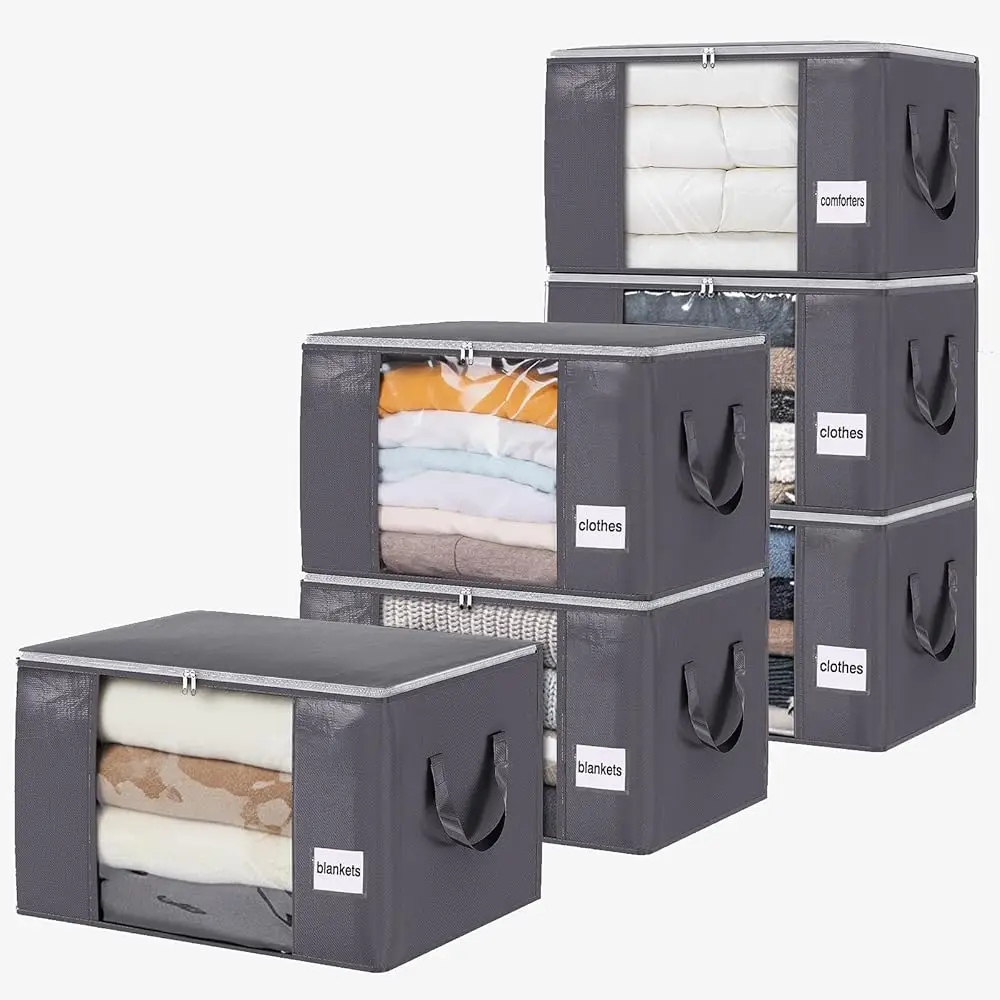 6 Pack Heavy Duty Blanket Storage Bags Clothes Storage Foldable Closet Organizers Containers with Reinforced Handle for Clot