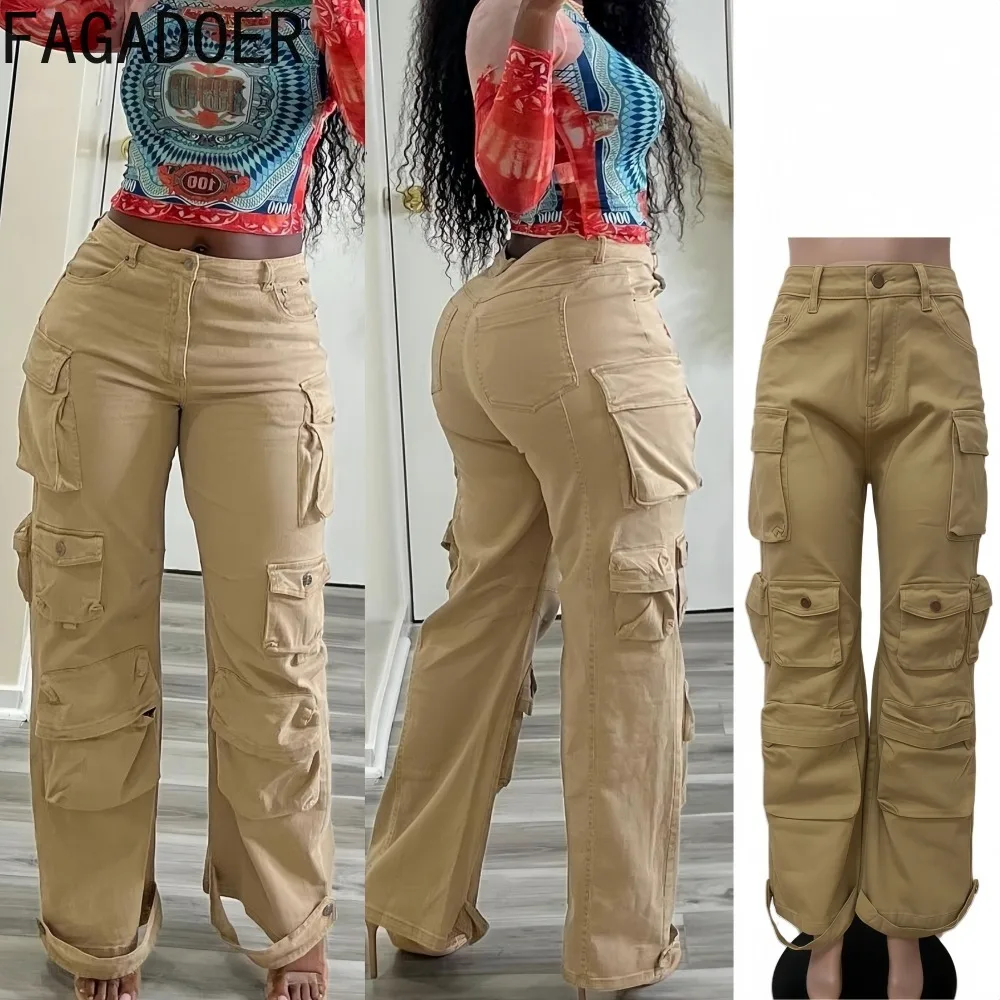

FAGADOER Fashion Cargo Pocket Patchwork Denim Pants Women Khaki High Waisted Straight Leg Pants Female Streetwear Bottoms 2025