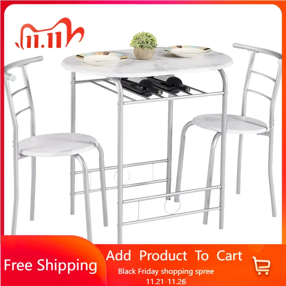 3 Piece Small Round Dining Table Set for Kitchen Breakfast Nook, Wood Grain Tabletop with Wine Storage Rack, Save Space