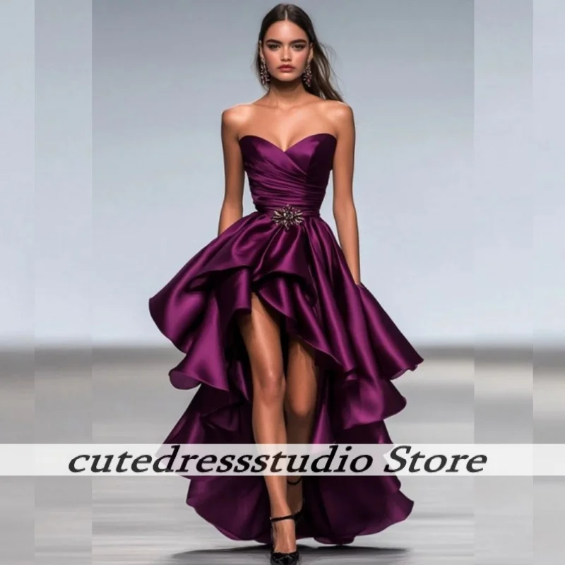 

Dark Purple Sweetheart Evening Dresses For Arabic Women Long Sleeveless Prom Dress With Cascading Ruffles Dinner Gown Customized