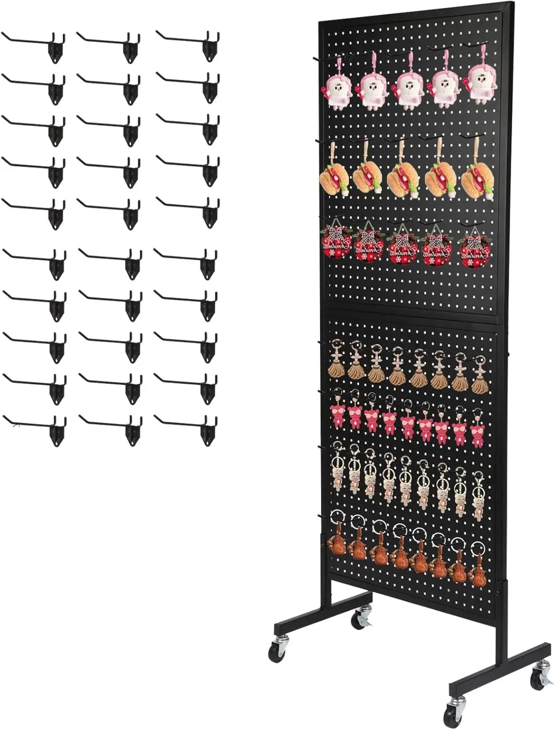 

Metal Pegboard Display Stand 2'x5' with Wheels & 30 Hooks, Black Standing Rack for Organizing Tools or Retail
