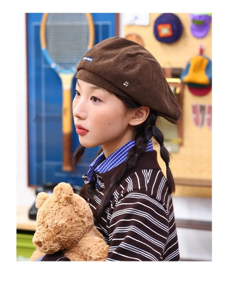 Womens Retro Corduroy Ivy Newsboy Paperboy Cabbie Gatsby Painter Hats Caps Blue/Coffee/Orange /Gray Color Embroidery Beret