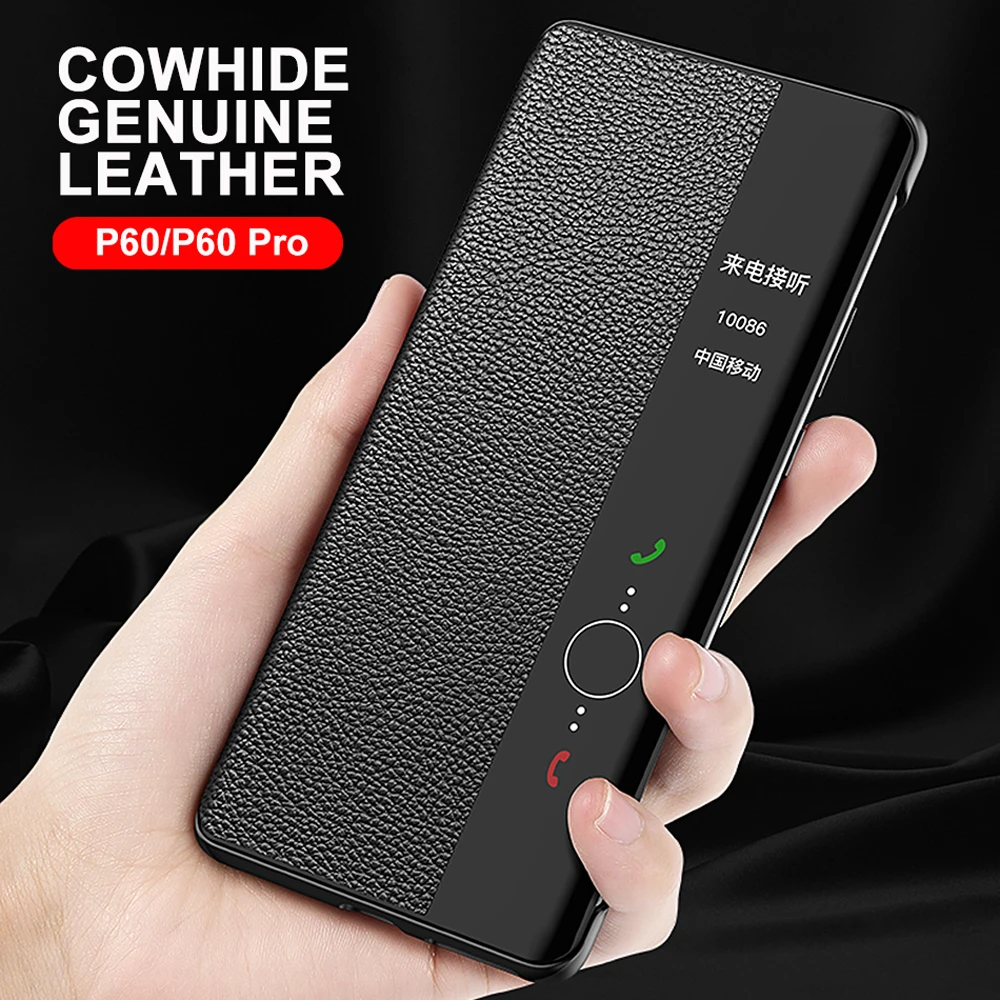 

Genuine Leather Flip Cover For Huawei P60 Pro Case Luxury Original Smart Touch View Wake Sleep Up Protection