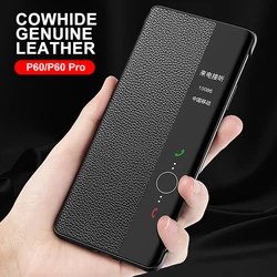 Genuine Leather Flip Cover For Huawei P60 Pro Case Luxury Original Smart Touch View Wake Sleep Up Protection