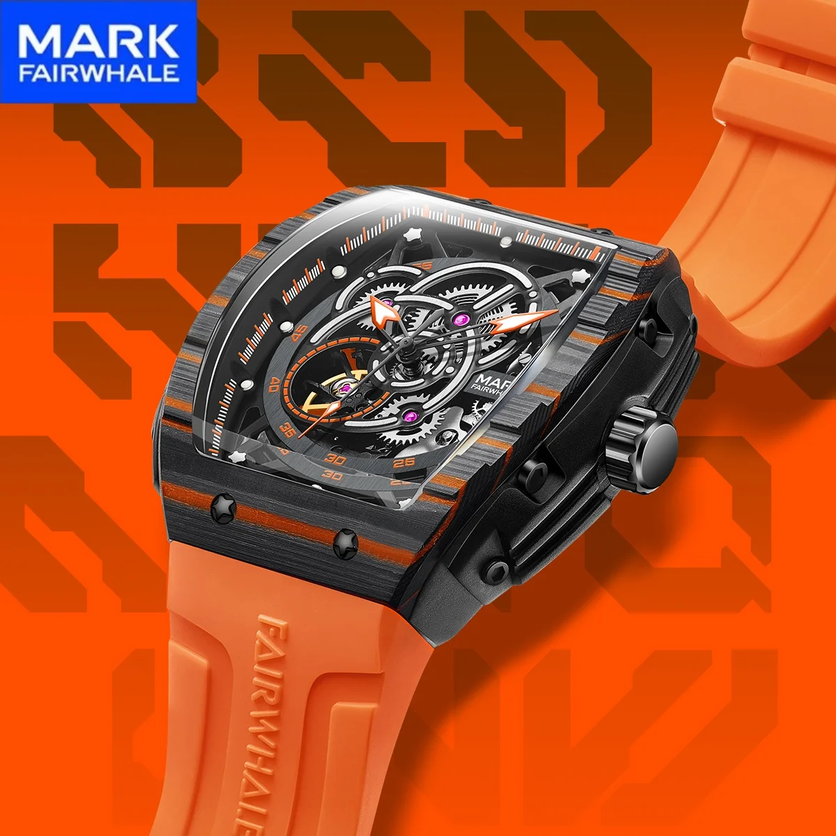 

Mark Fairwhale Fashion Carbon Fiber Case Automatic Mechanical Skeleton Movement Luminous Waterproof Watch for man reloj hombre