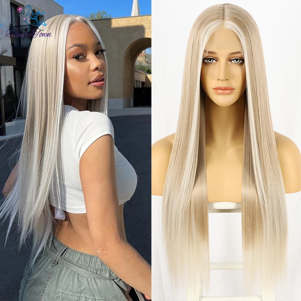 Perruque Lace Front Wig synthétique lisse 30 pouces, couleur blond argent 613, balayage, perruque Lace Transparent HD, perruque Cosplay quotidienne