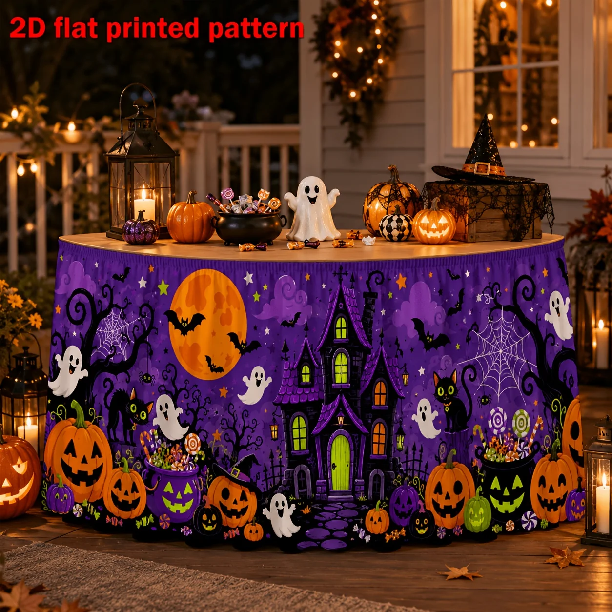 1 table flag table skirt with haunted house, jack-o-lantern, black cat, bat, spider web, candy, full moon pattern