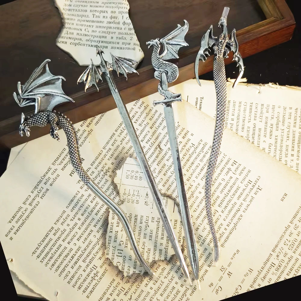 Antique Silver Winged Dragon Sword Shape Hair Stick Gothic Mythical Dragon Retro Fantasy Party Hairstyle Hairpin for Ladies