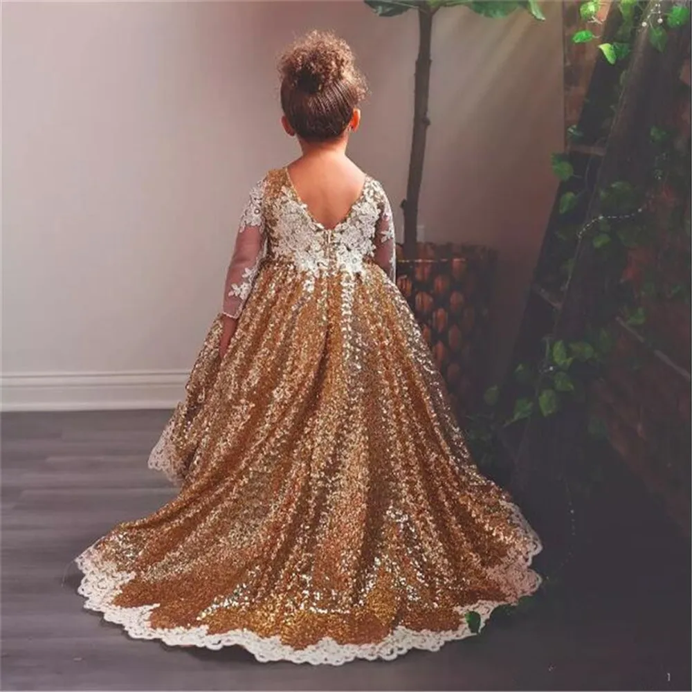 Sequined Pageant Dresses For Girls Princess Off Shoulder Wedding Flower Girls Dresses Corset Back Kids Girls Party Gowns