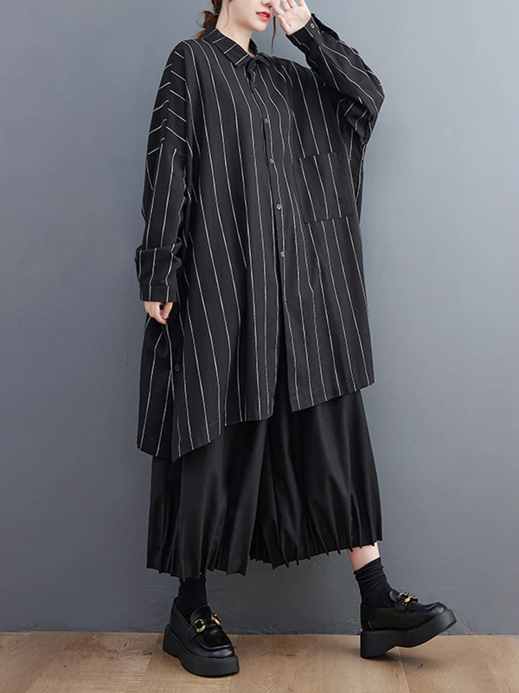 Oversized Black Vintage Striped Shirt Women New Long Sleeve Loose Casual Blouse Top Femme Fashion Clothing Spring Autumn 2024