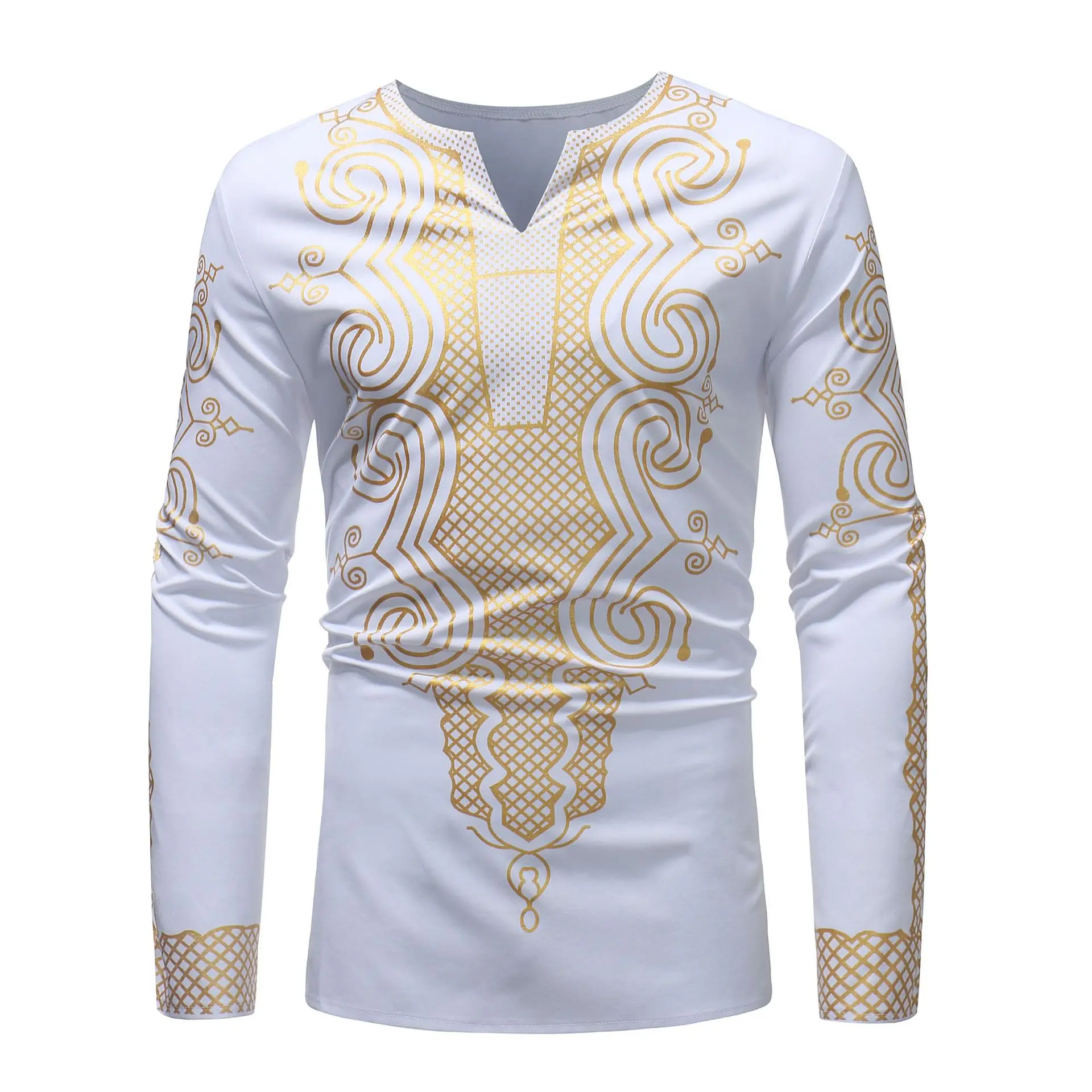 

Men's Long Sleeve V-Neck Casual T-shirt, Muslim Fashion, Trendy Underlay Print, African Style, Arab Shirt