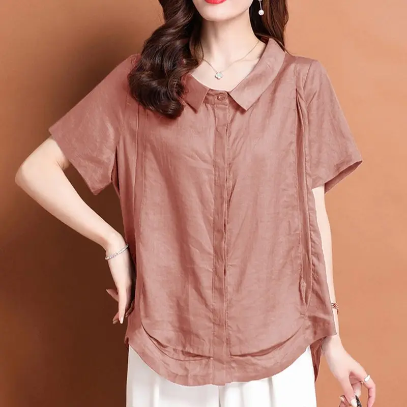 Fashion Lapel Solid Color Folds Blouse Women\'s Clothing 2023 Summer New Oversized Casual Tops Loose Korean Shirt