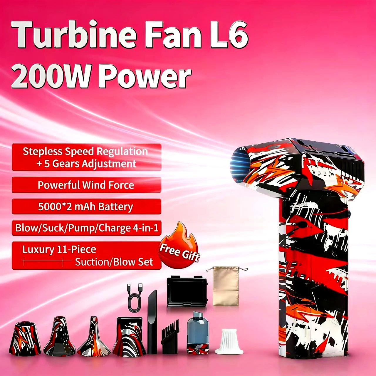 

Мощный фен L6, 200 000 об/мин, скорость ветра, 53 м/с, бесщеточный двигатель, перезаряжаемый, вентилятор урагана, установка на пылесос.