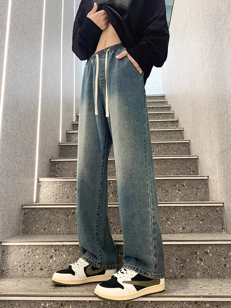 

Мужские джинсы Clara прямого кроя в стиле ретро, американские, с эффектом потертости, на резинке, повседневные, длинные брюки, осень-зима, хлопок/полиэстер