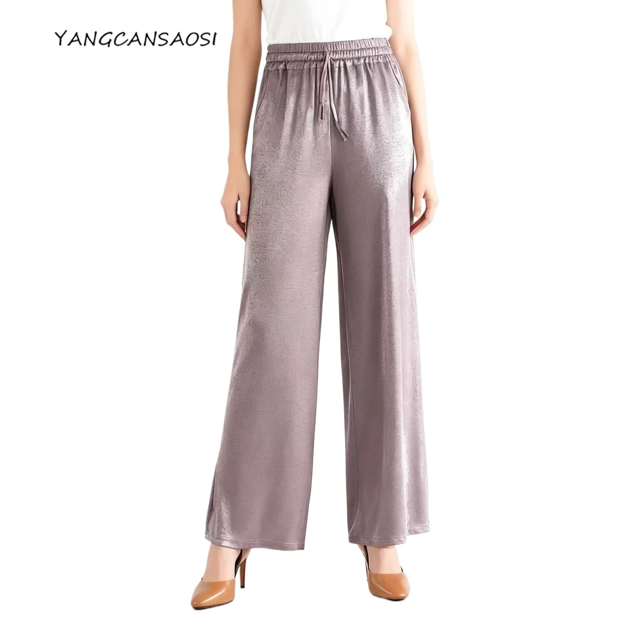 

2025 Women's Fashion New Dark Gray 93% Natural Mulberry Silk Jacquard SangBo Stain High Waist Loose Versatile Straight Leg Pants