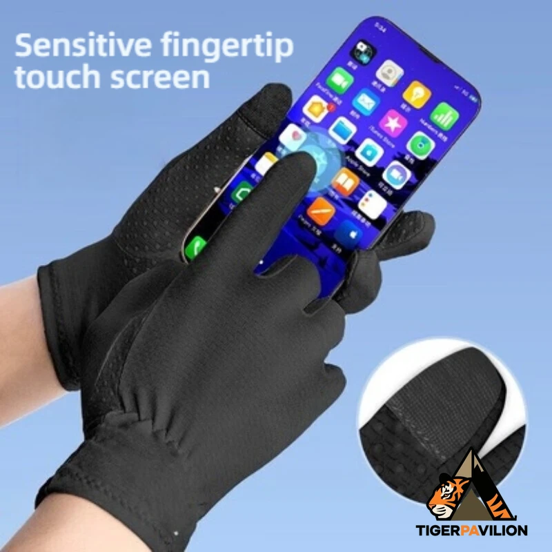 Um par de luvas de proteção solar para mulheres e homens, finas, estilo de dedo completo com proteção UV, adequadas para dirigir, ciclismo, esportes