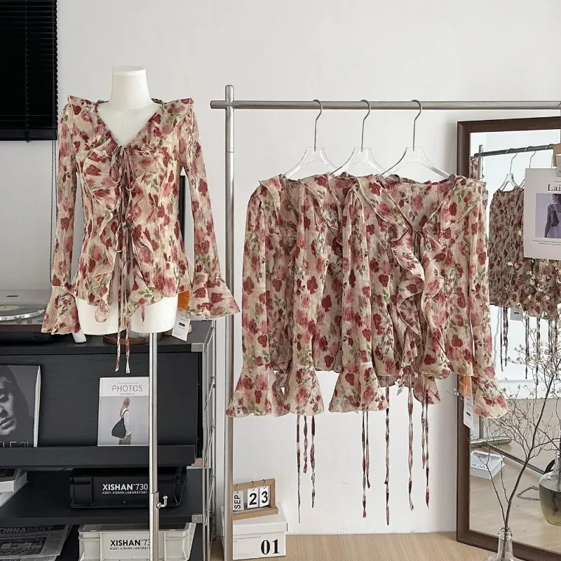 Spring and Autumn Waist Chiffon Shirt Feminine Versatile Floral V-Neck Tie Bell Sleeve Cardigan