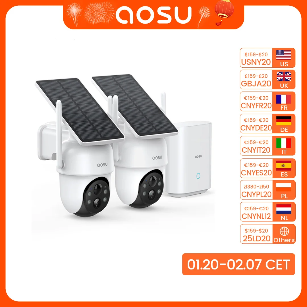 AOSU 3MP 2 Cam Kit Solar Battery Wireless Camera System 360° PTZ Surveillance Wifi Camera Set Include Home Base Support Alex