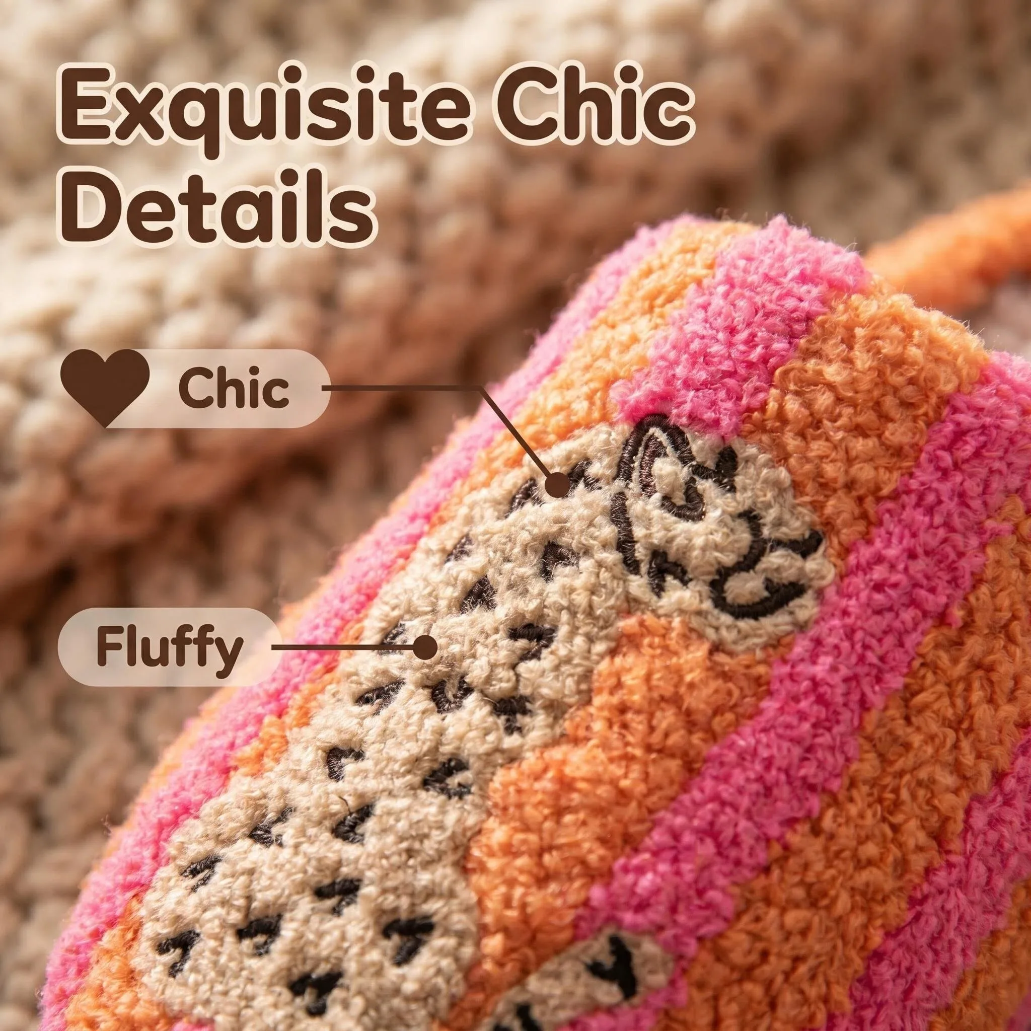 Women Ins Color‑Block Plush Slippers, Leopard Striped Non‑Slip Warm Indoor Winter Shoes, Holiday Gift