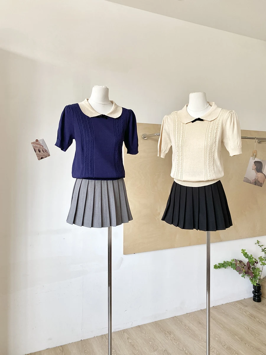 

Korean Style Sweet Youthful Baby Doll Collar Short Sleeve Knitted Sweater Women's Slimming Top for Spring 2026 Polyester Fiber