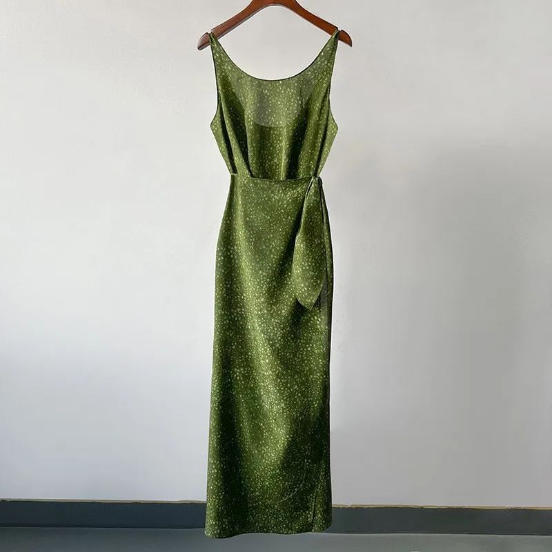 

Spanish Exotic Style Arc Neck Thin Suspender Sleeveless Apron Wrap Strap Silk Dress