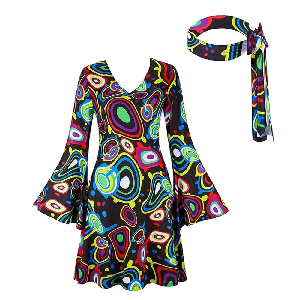 70s Disco Outfit Women Dress With Headband V-Neck Full Printed Costume 60s Hippie Disco Halloween Party Carnival Dress