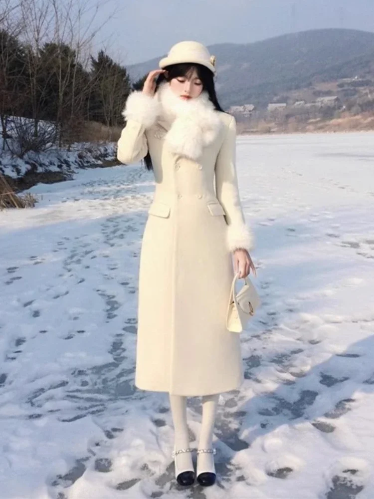 Fashion Y2K Socialite High-end Woolen Coat Women's White Winter New Mid-length Silhouette Tight Waist Thickened Over-the-knee