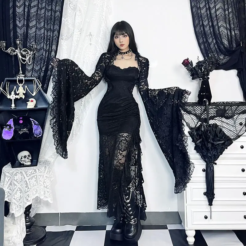 Gothic Y2k Lolita Flared Long Sleeve Coat Lace High-end Design Cropped Tops Cover-up Outerwear Black Women Clothing Vintage New
