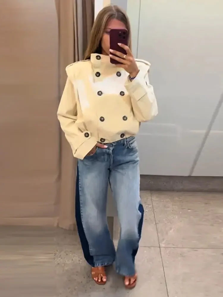 Women's Autumn Jacket Stand Collar Trench Side Placket Coats Double Breasted Windbreaker Autumn Outerwear Demi-Season Jacket