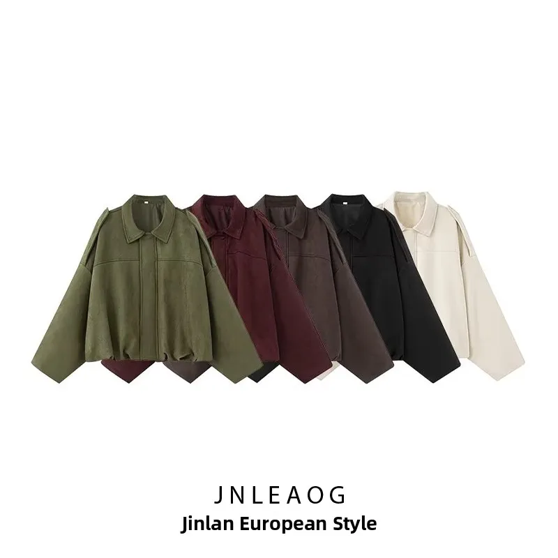 

JNLEAOG Autumn New Women's Loose Fce Pilot Jaet Velvet Texture Outerwear Casual Faion Polyester Long Sve Coat