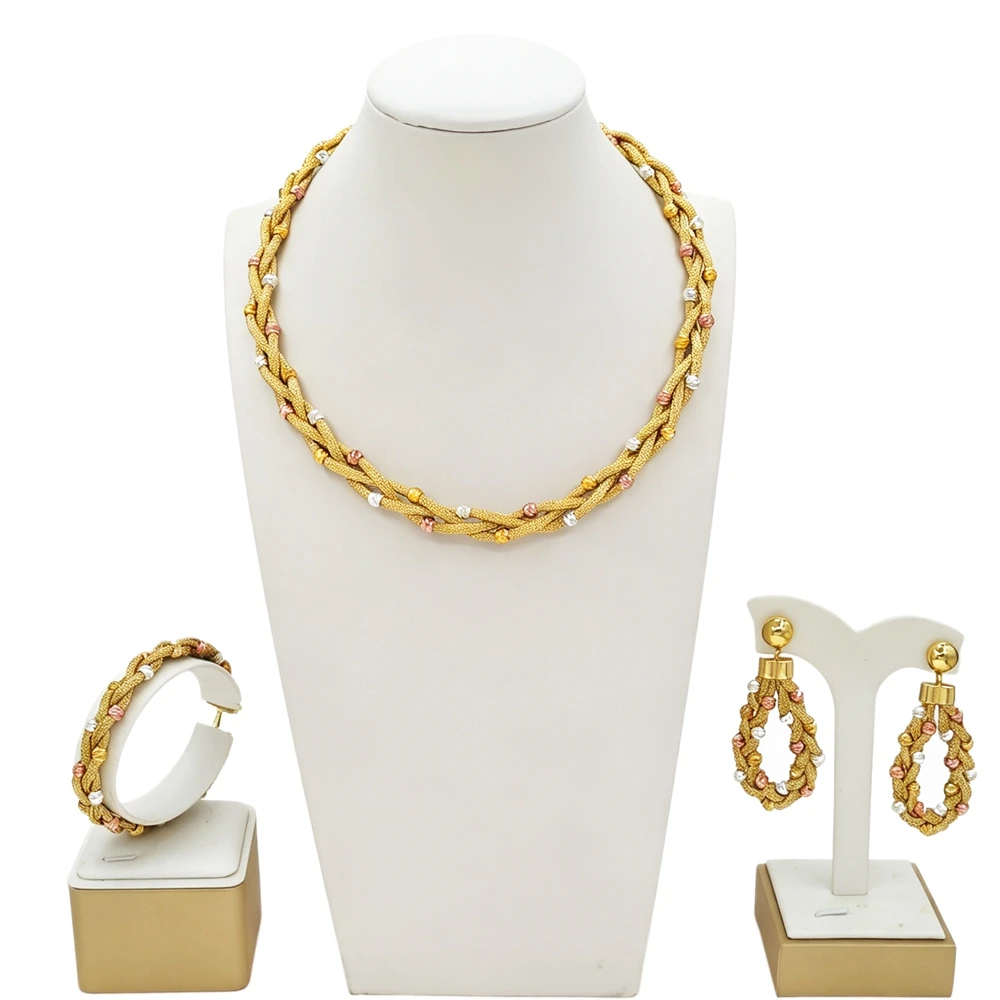 Women African 4Pcs Statement Jewelry Set Braided Twist Cord Multicolor Bead Necklace Bracelet Ring Earrings Wedding Accessories