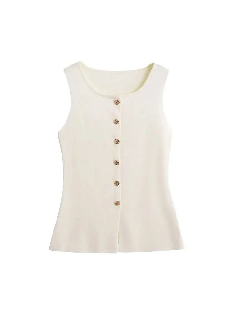 TRZA-Women\'s Knitted Vest with Golden Buttons, Sleeveless Sweater, O Neck, Chic Tops, Female Waistcoat, Fashion