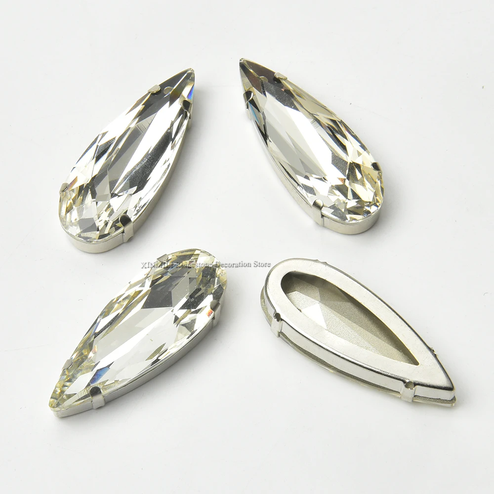 2Pcs 20*50mm Big Water Drop Glass Crystal Loose Diamond with Claw Setting Sew on Teardrop Rhinestone for Clothing Decoration