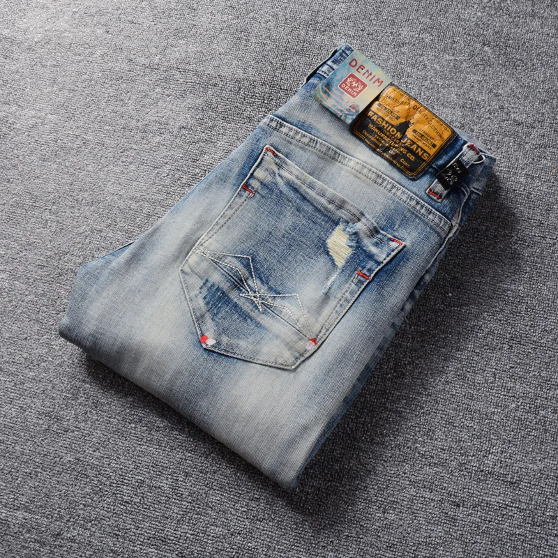 Newly Designer Fashion Men Jeans Retro Washed Blue Elastic Stretch Slim Fit Painted Ripped Jeans Men Patched Vintage Denim Pants