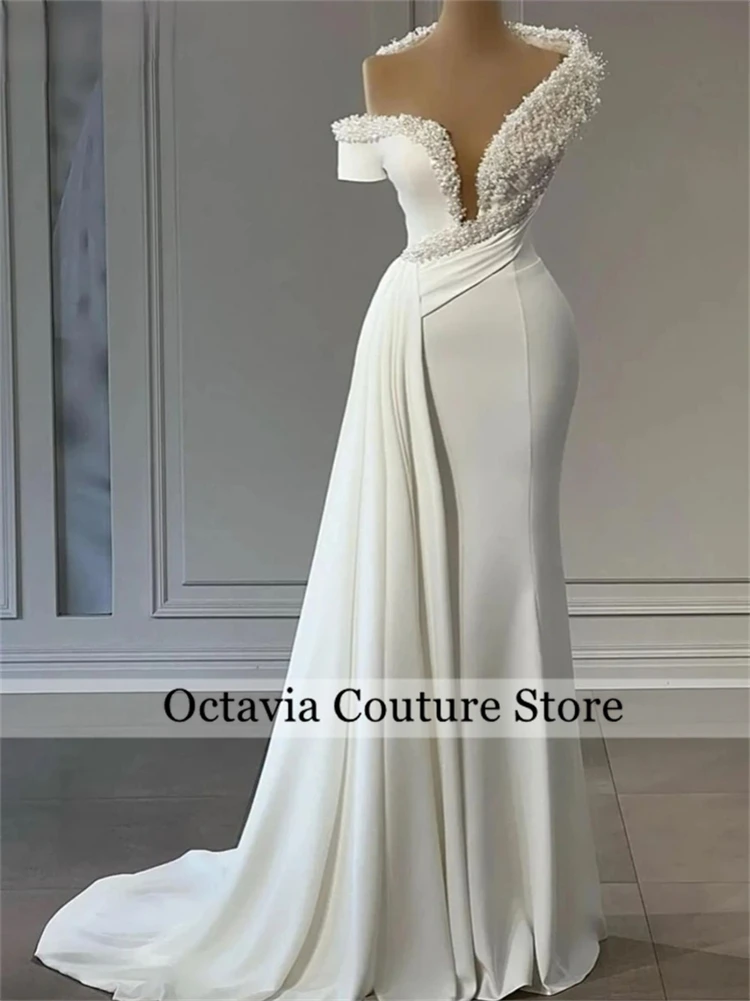 

Special White Rhinestone Wedding Dresses For Bride Bead Crystal Formal Gown Side Tail Special Occasion Gown Customized