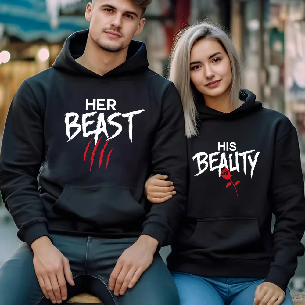 New HER BEAST HIS BEAUTY Hoodie Men's Women's Couple Casual Loose High Quality Hoodie Tops