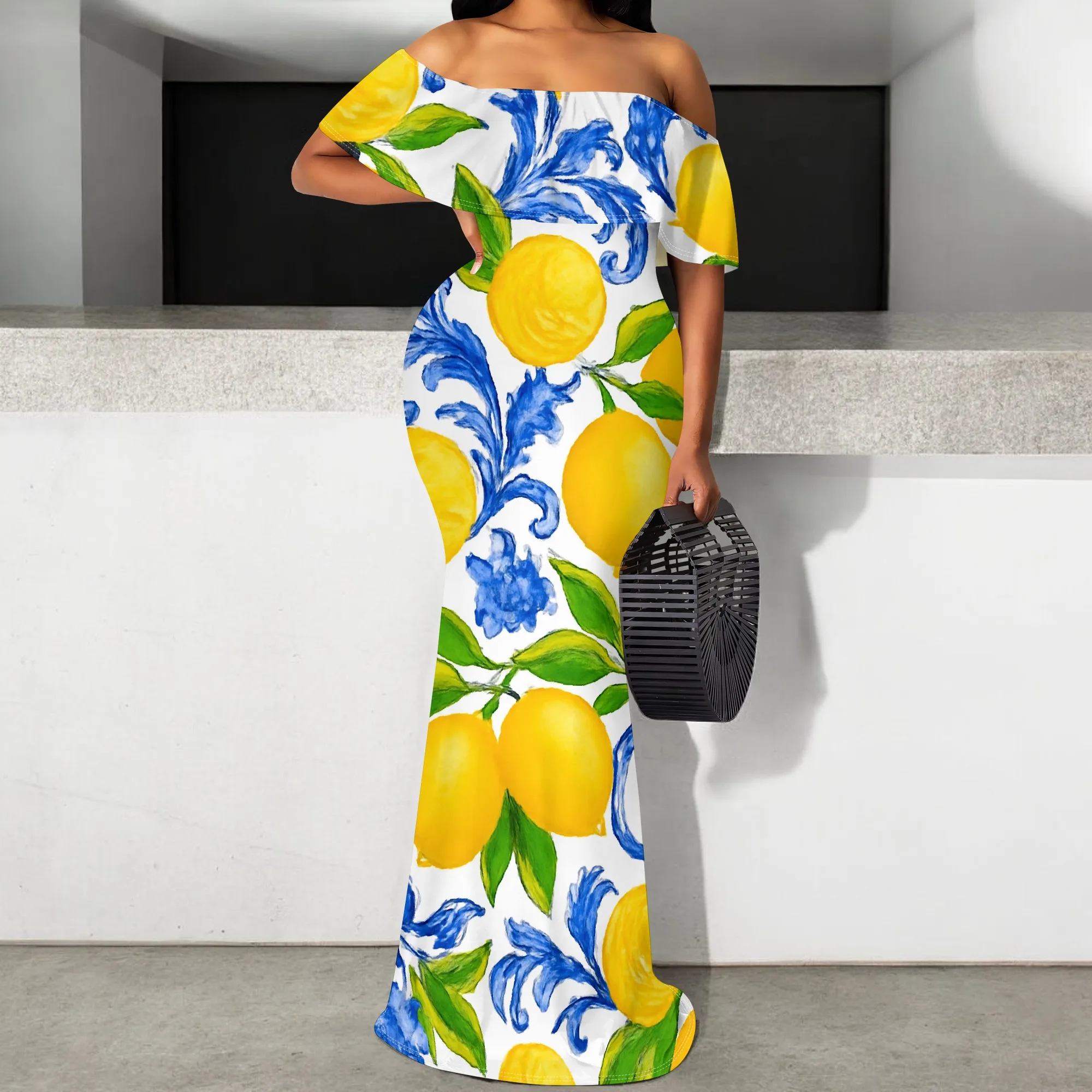 

Mediterranean Lemon Print Dress S-3XL Off Shoulder Summer Maxi Dress for Vacation