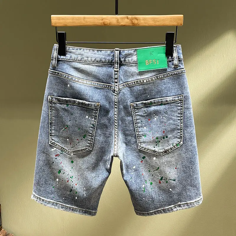 Blauwe shorts voor heren Casual high-end trendy merk Patch Ripped Ink Splashing Denim Shorts Rechte slim-fit middenbroek voor heren