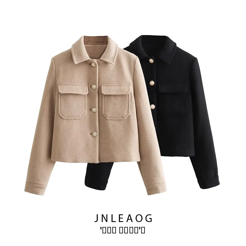 

JNLEAOG Autumn New Women's Faion Old Money Sle Coat with Metal Button Turn-down Collar Jaet Outerwear Polyester Fiber