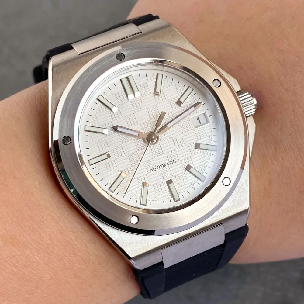 Tandorio 40 mm weiß kariertes Gitter-Zifferblatt, leuchtende NH35 mechanische Herren-Armbanduhr, Saphirglas, Stahlarmband, Datumsstab-Index 4