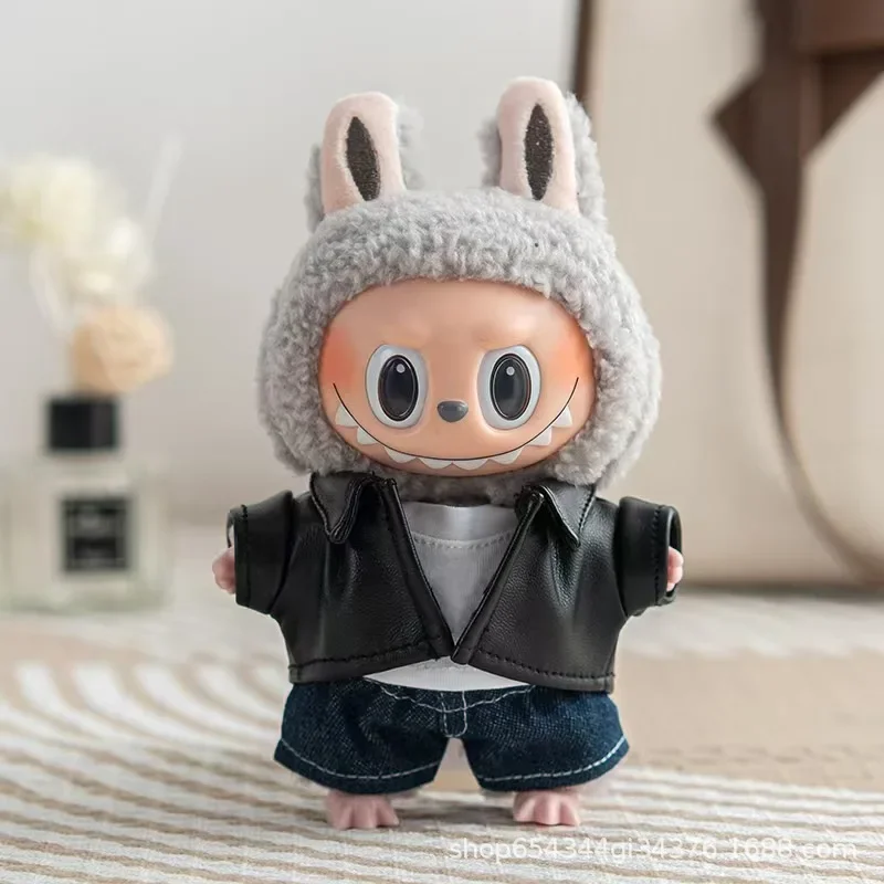 

17cm Mini Plush Doll'S Clothes Outfit Accessories For Korea Kpop Exo Labubu Idol Black Leather Jacket Skirt Outfit Clothing Gift