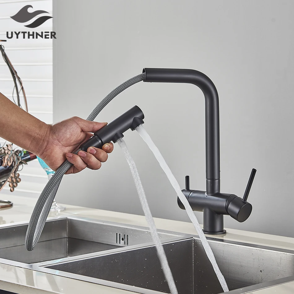 Uythner Waterfilter Kitchen Faucet Dual Handles Deck Mounted Pull Out Mixer Tap 360 Degree Rotation Water Purification Crane