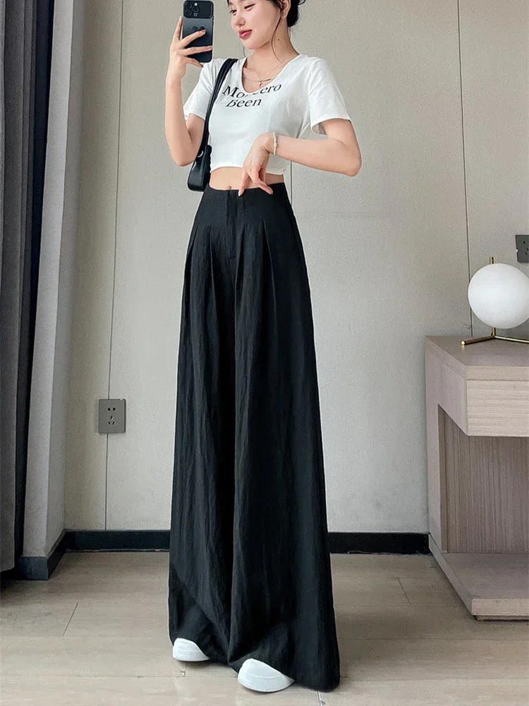 Pantaloni casual versatili da donna Pantaloni a gamba larga in lino a vita alta Pantaloni casual Yamamoto in lino di cotone di seta ghiacciata nuovo stile estivo