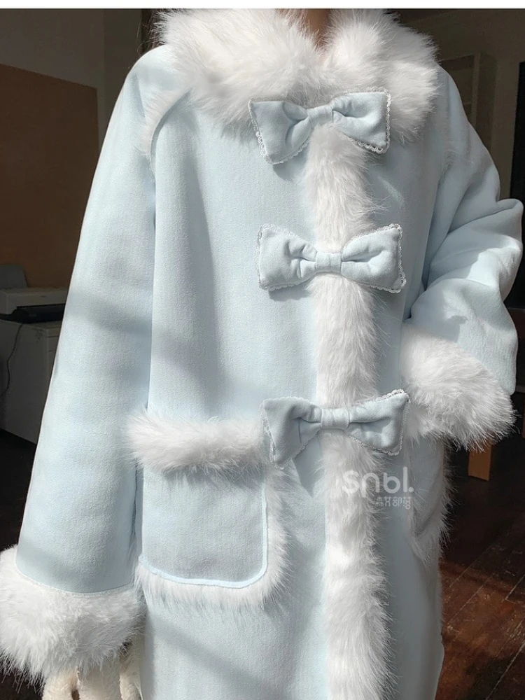 Japanese Style Elegant Sweet Girl Plush Loose Overcoat Patchwork Doll Collar Bow Loose Versatile Long Jackets Coat Women Winter